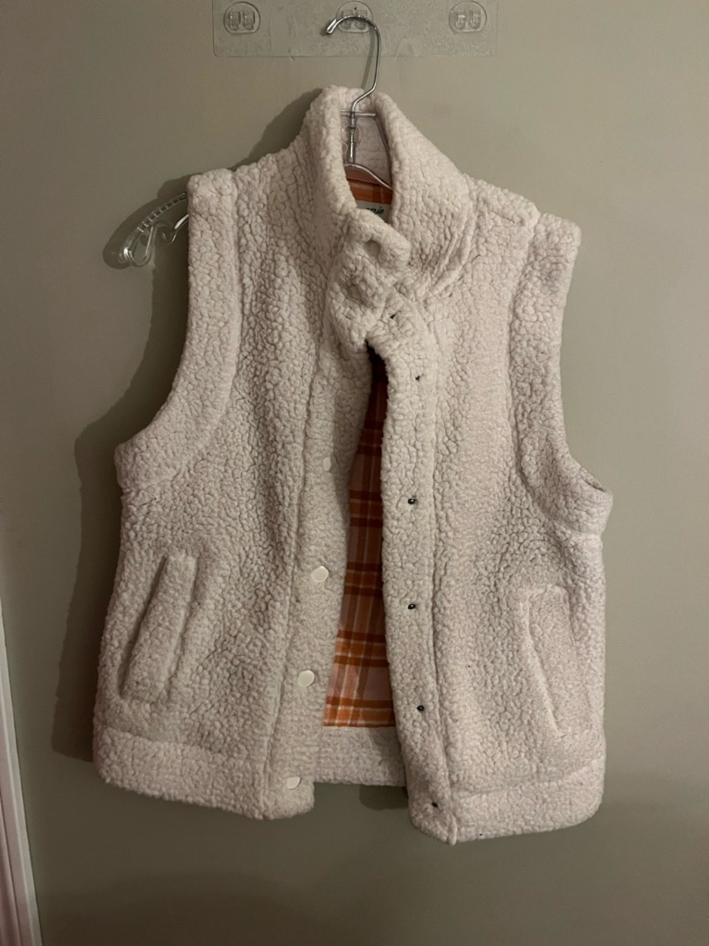 aerie Cream Sherpa Vest with Pink and Orange Plaid Lining